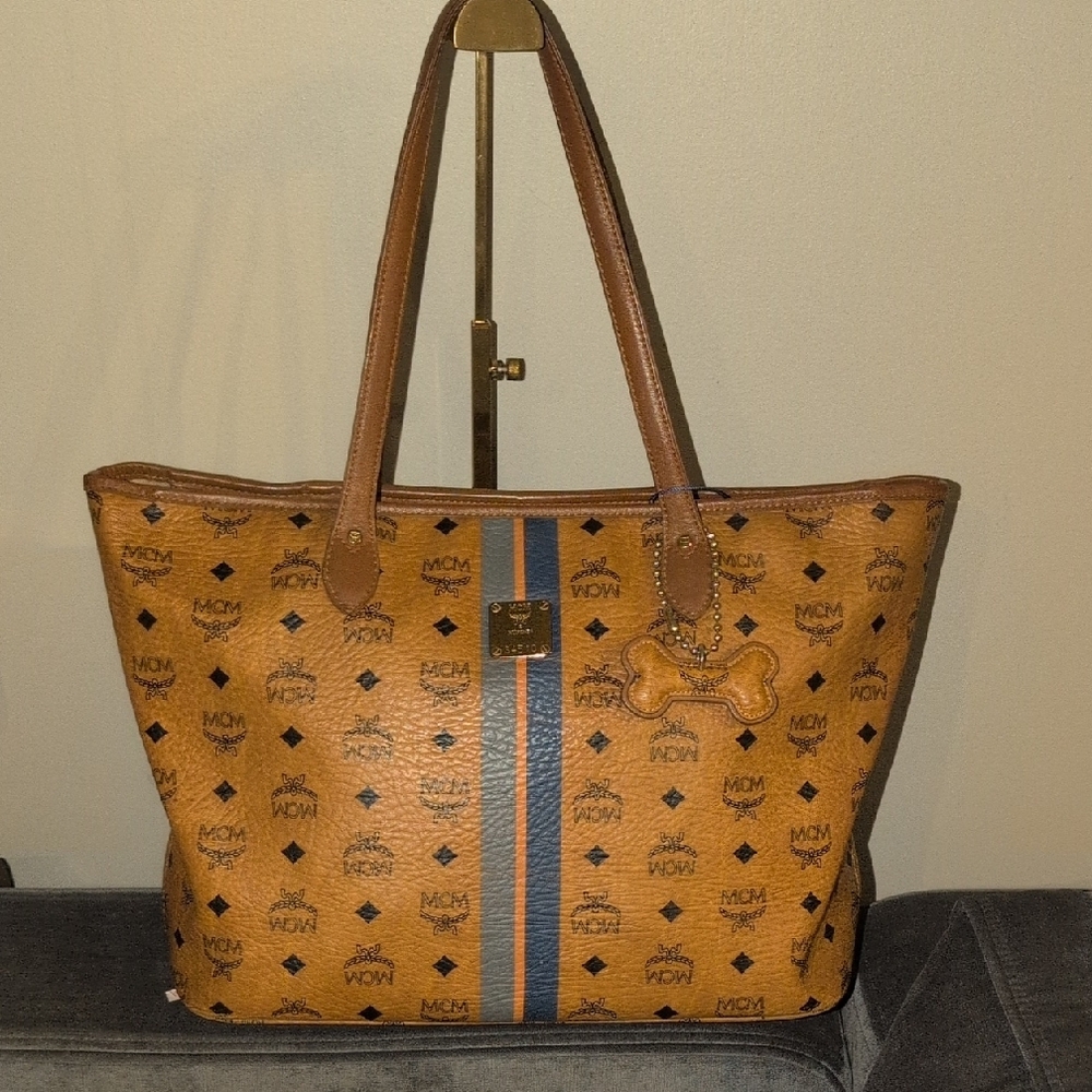 MCM Tan and Blue Logo Tote